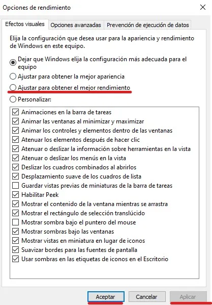 como desactivar efectos visuales en windows