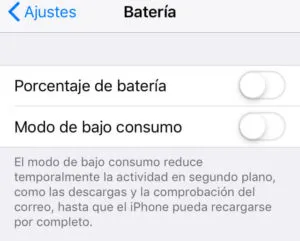 Menú del apartado “Batería”, el cual muestra que la opción “Modo de bajo consumo” está desactivada.