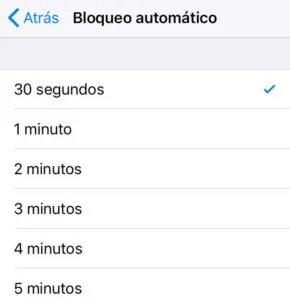 Menú del apartado “Bloqueo automático”, en donde se puede observar una opción llamada “30 segundos”.