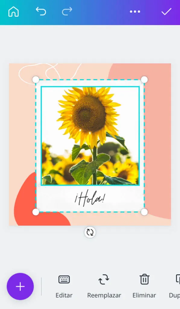 App de Canva mostrando una foto con un marco en el que se observa un texto que dice “¡Hola!”.