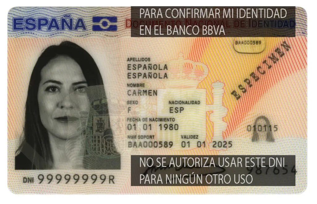 DNI genérico mostrando una marca de agua que dice que este DNI solo se puede usar para confirmar la identidad de la dueña del documento ante el banco BBVA.