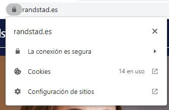 Navegador de Google Chrome mostrando el icono del candado del certificado SSL al lado del enlace del sitio web de Randstad.