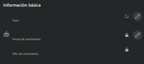 Perfil de un usuario de Facebook mostrando su fecha de nacimiento (censurado en la imagen), y en donde se observa el icono de un candado al lado de su fecha de nacimiento.