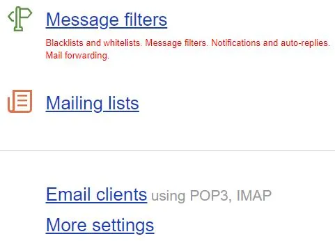 Menú de Yandex Mail mostrando la opción “Email clients”.