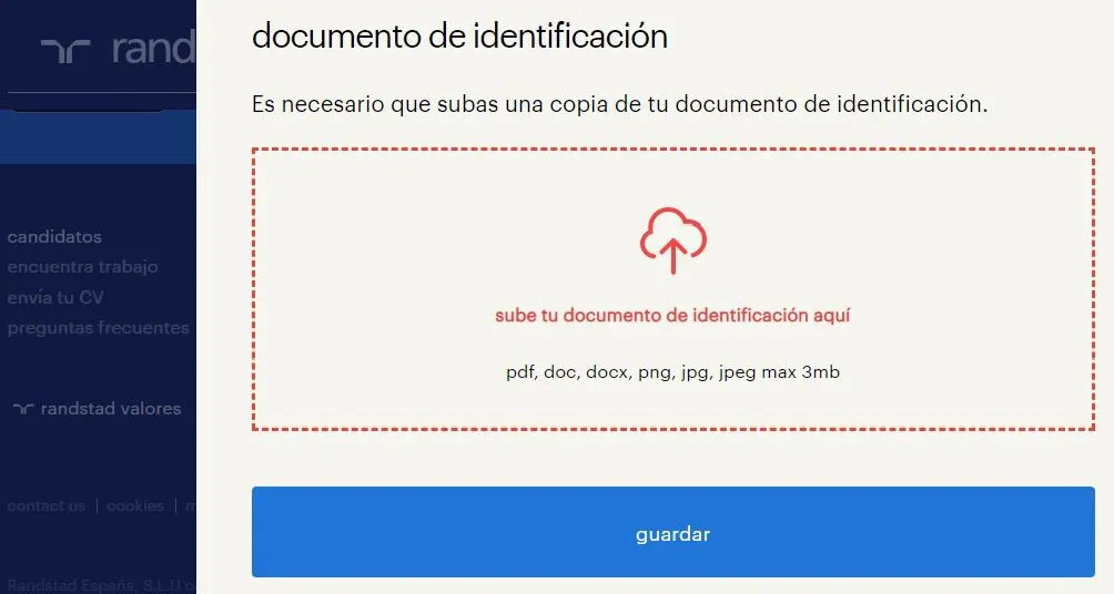Página web de la empresa de empleo temporal de Randstad, la cual le está pidiendo al usuario que suba una foto de su DNI. 