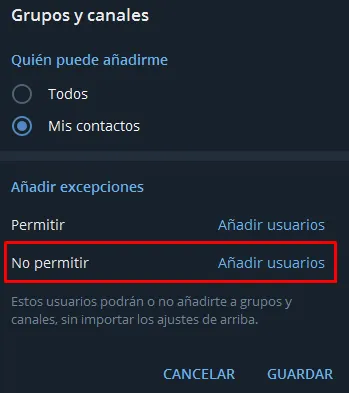 bloquear contactos en telegram para que no te añadan a grupos