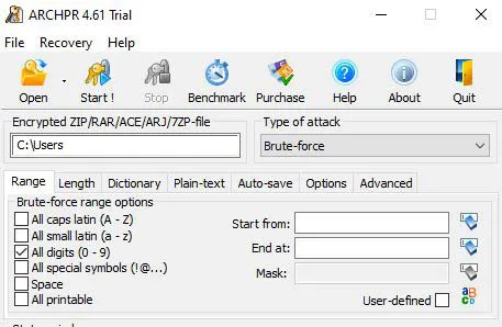 Ventana de la versión gratuita de ARCHPR.
