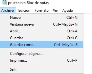 Archivo “.txt” en el Bloc de notas mostrando las opciones “Archivo” y “Guardar como…”. 