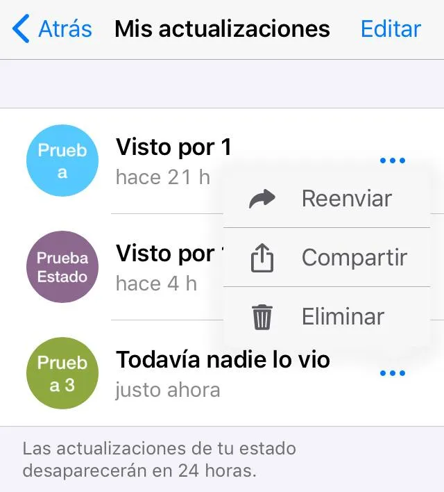 Menú que se despliega al tocar cualquiera de los iconos de los tres puntos al lado de cualquiera de los estados. Se observan las opciones “Eliminar” y “Editar”.