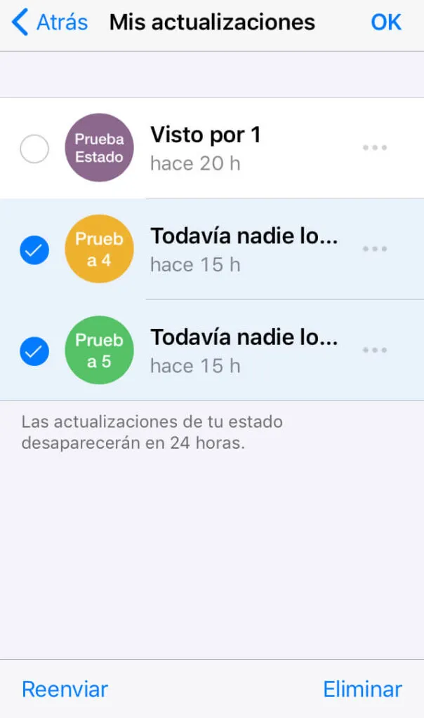 Menú de estados de WhatsApp, en donde se observan unos círculos al lado de cada estado, y se observa una opción que dice “Eliminar”.