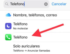 Barra de búsqueda de los ajustes de un iPhone con la palabra “Teléfono” escrita en ella. Se observa que aparece una lista con una opción llamada “Teléfono” con un icono verde.