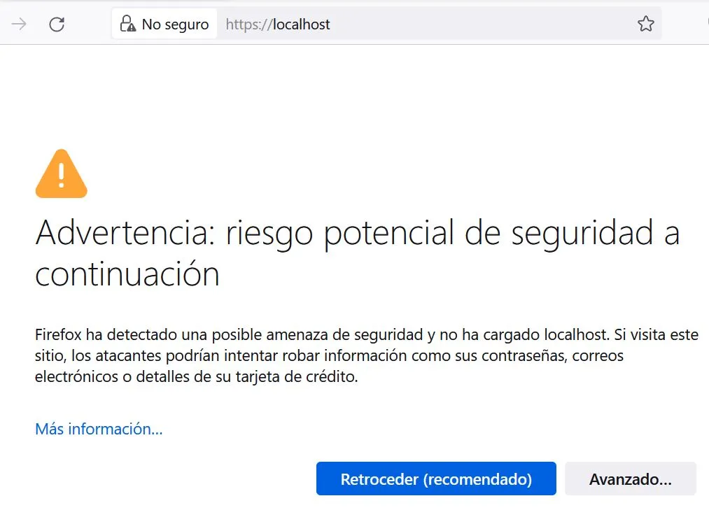 Navegador web mostrando un mensaje de advertencia diciendo que el sitio al que está intentando entrar el usuario tiene problemas de seguridad.