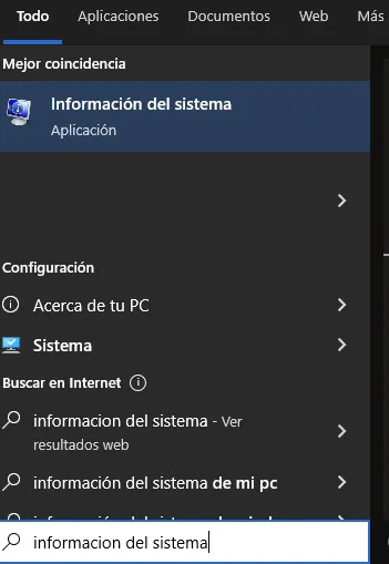 Barra de búsqueda del menú de inicio con las palabras clave “Información del sistema”. Se observa una aplicación con este mismo nombre en el menú de inicio.