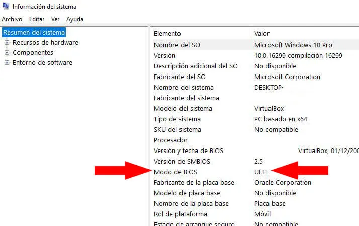 Aplicación “Información del sistema” mostrando el apartado “Modo de BIOS”, el cual muestra la palabra “UEFI”.
