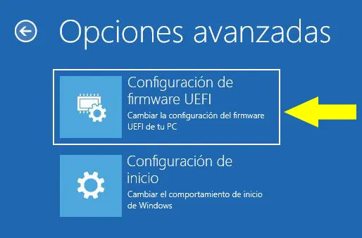 Menú “Opciones avanzadas” del inicio avanzado de un PC mostrando el apartado “Configuración de firmware UEFI”.