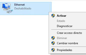 Menú que aparece al hacerle clic derecho al icono del adaptador de red de un PC, en el que se puede observar la opción “Activar”. 