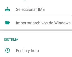 Opción “Fecha y hora” del apartado “SISTEMA” del menú de Ajustes de un Android.