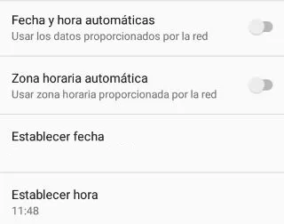 Opciones “Fecha y hora automáticas”, “Establecer fecha” y “Establecer hora” del menú de “Fecha y hora” de los ajustes de un Android.