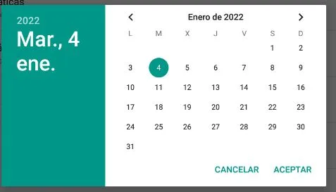 Calendario que aparece al tocar la opción “Establecer fecha” del menú de ajustes de un Android. Se observa la opción “ACEPTAR”.