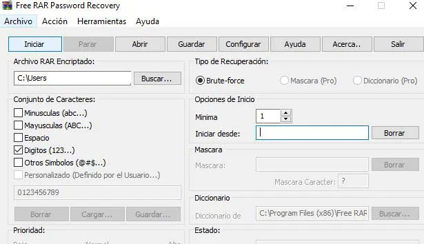 Ventana de Free RAR Password Recovery en el ordenador de un usuario.