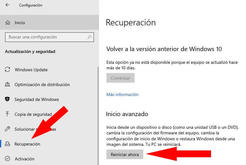 Menú de “Actualización y seguridad” mostrando los apartados “Recuperación” e “Inicio avanzado”, y el botón “Reiniciar ahora”. 