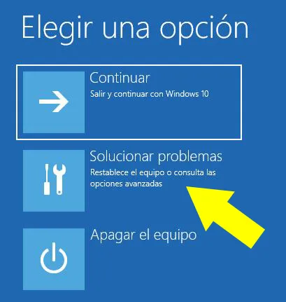 Opción “Solucionar problemas” del menú de inicio avanzado de un PC.