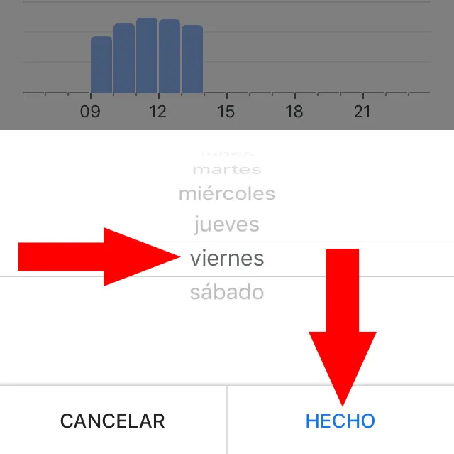 Modal de Google Maps mostrando un menú en el que el día “viernes” ha sido seleccionado, y en donde se ve una opción llamada “HECHO”.