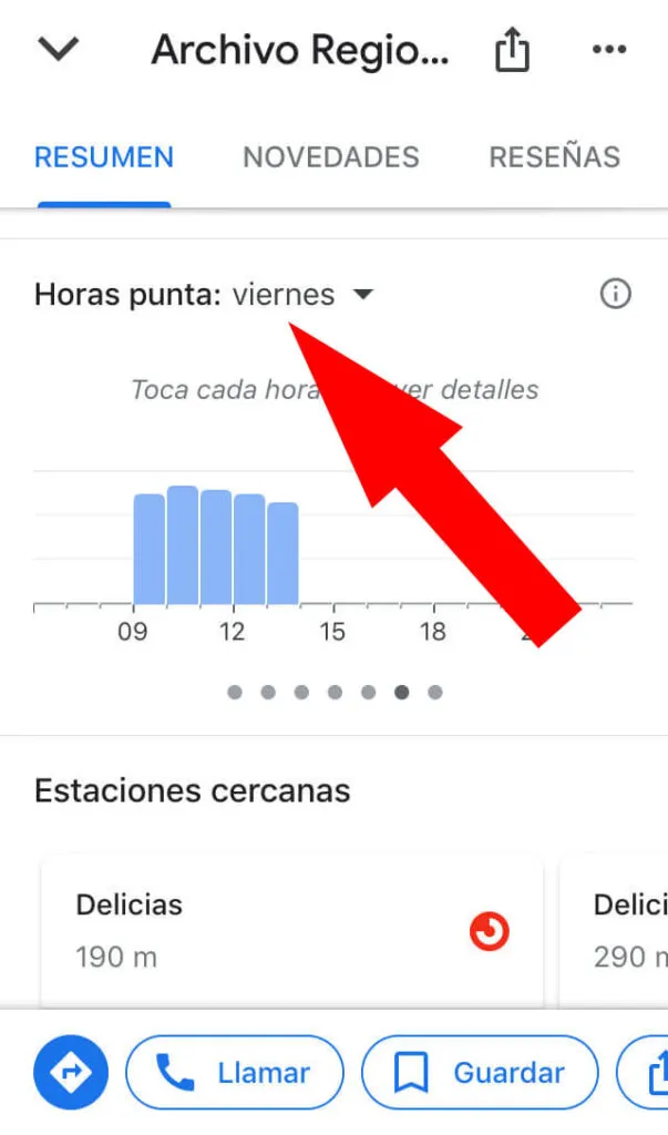 Ventana de los detalles de un establecimiento en Google Maps mostrando las horas punta de ese local durante los viernes.