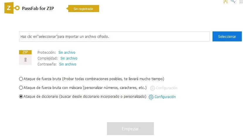 Ventana del programa PassFab for ZIP.