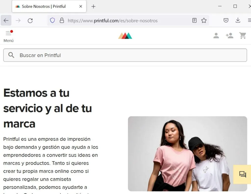 Página del “Acerca de”, que en este caso es llamada “Sobre Nosotros”, de printful.com.