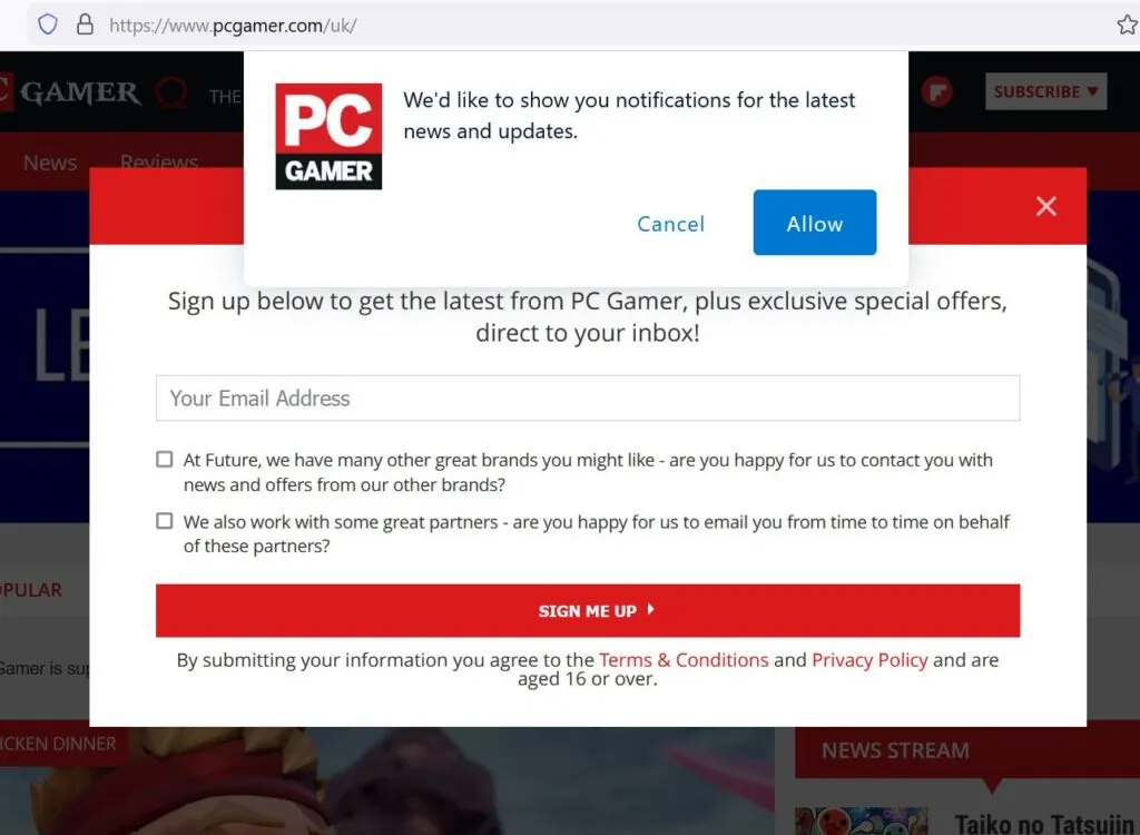 Sitio web de PC Gamer mostrando dos ventanas emergentes: una pidiéndole al usuario que active las notificaciones de su navegador, y otra pidiéndole al usuario que se suscriba a su boletín de noticias.