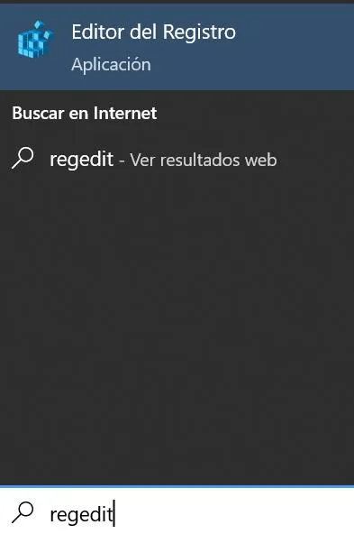 Menú de inicio mostrando la aplicación “Editor del Registro”. En la barra del buscador, se observa la palabra “regedit”. 