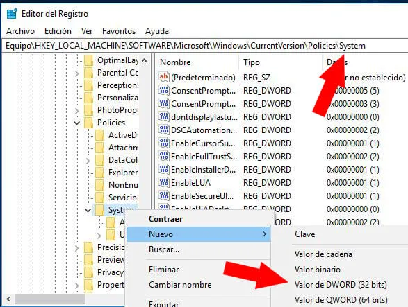 Ventana del Editor del Registro, en donde se observa que el usuario ha entrado a la ruta “Equipo\HKEY_LOCAL_MACHINE\SOFTWARE\Microsoft\Windows\CurrentVersion\Policies\System”. Se observa un menú en la carpeta “System” mostrando las opciones “Nuevo” y “Valor de DWORD”.