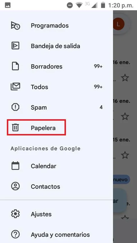 Papelera de reciclaje de Gmail