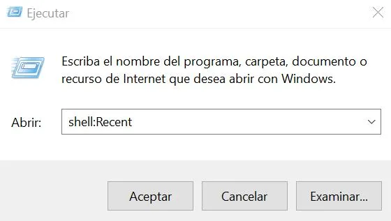 Ventana de la aplicación “Ejecutar” mostrando el comando “shell:Recent” en la única casilla de esta ventana.
