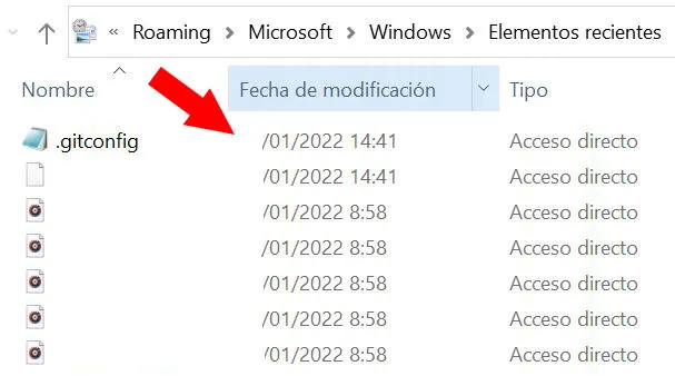 Explorador de Archivos mostrando los ficheros recientemente modificados después de ejecutar el comando “shell:Recent” en “Ejecutar”.