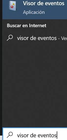 Menú de Inicio mostrando la aplicación “Visor de Eventos”.