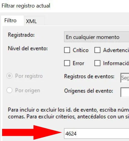 Ventana “Filtrar registro actual” del Visor de eventos, en donde se observa una casilla con el número “4624”.