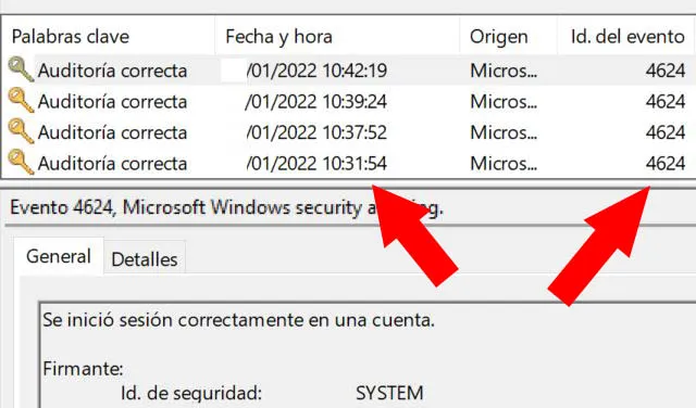 Visor de eventos mostrando la fecha y la hora de todos los eventos con el código “4624” que ocurrieron en un PC, los cuales corresponden a los inicios de sesión normales. 