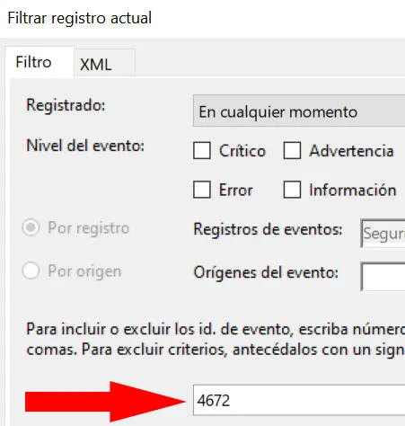 Ventana “Filtrar registro actual” del Visor de eventos, en donde se observa una casilla con el número “4672”.