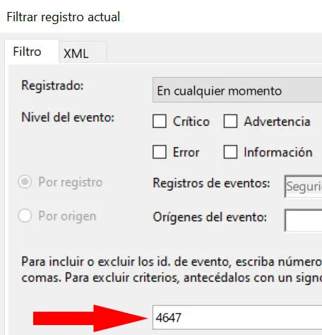 Ventana “Filtrar registro actual” del Visor de eventos, en donde se observa una casilla con el número “4647”.