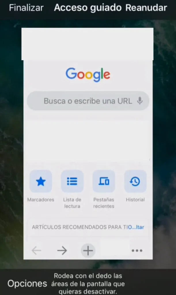 App de Google Chrome abierta en el modo de Acceso Guiado. Se observa el menú de configuración del Acceso Guiado.