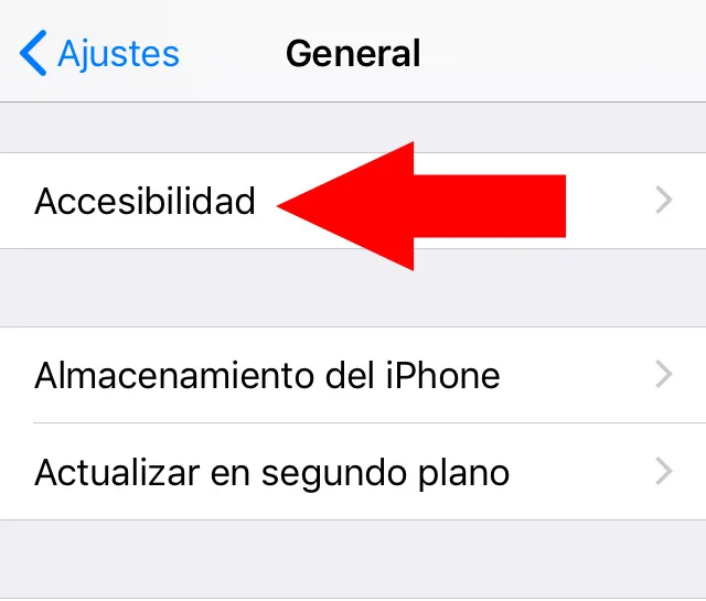 Menú del apartado “General” mostrando la opción “Accesibilidad”.