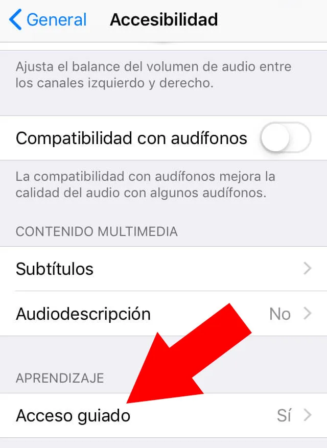 Menú de la opción “Accesibilidad” mostrando el apartado “Acceso guiado”.