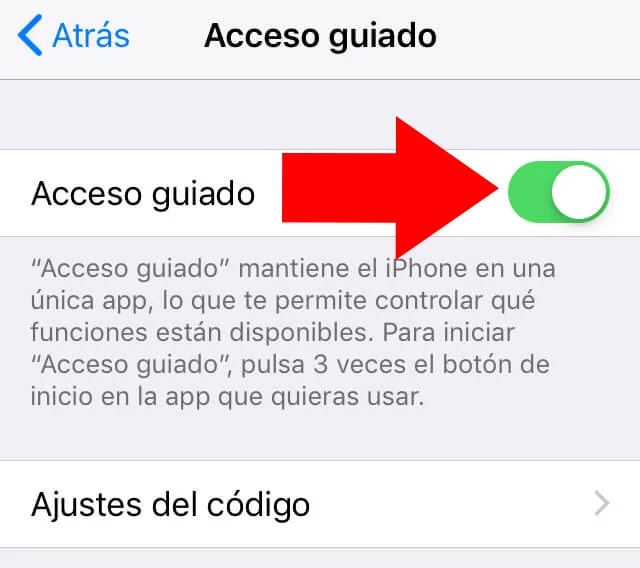 Menú del apartado “Acceso guiado”, en donde se observa un botón al lado de la opción “Acceso guiado”.