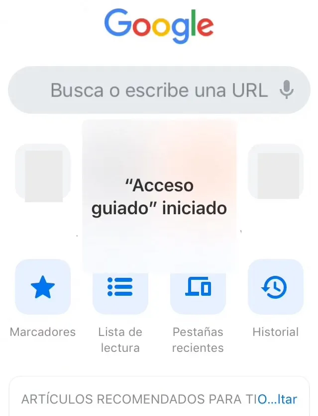 App de Google Chrome mostrando el mensaje ‘“Acceso guiado” iniciado’.