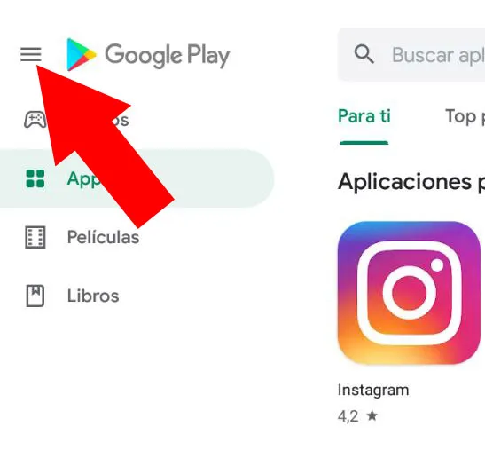 Menú de hamburguesa de la Google Play Store en un Android.