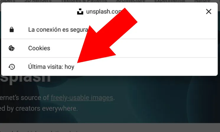 Modal que aparece al tocar el icono del candado, el cual muestra un apartado que dice “Última visita: hoy”.