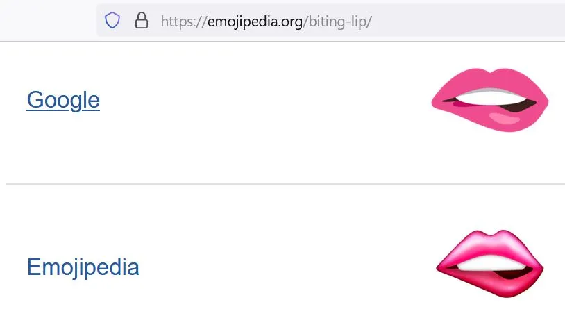 Página web de Emojipedia mostrando el emoji del labio mordido.