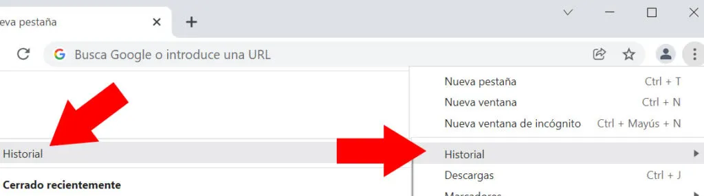 Google Chrome en un ordenador mostrando dos menús, en donde se puede observar una opción llamada “Historial” en ambos menús.